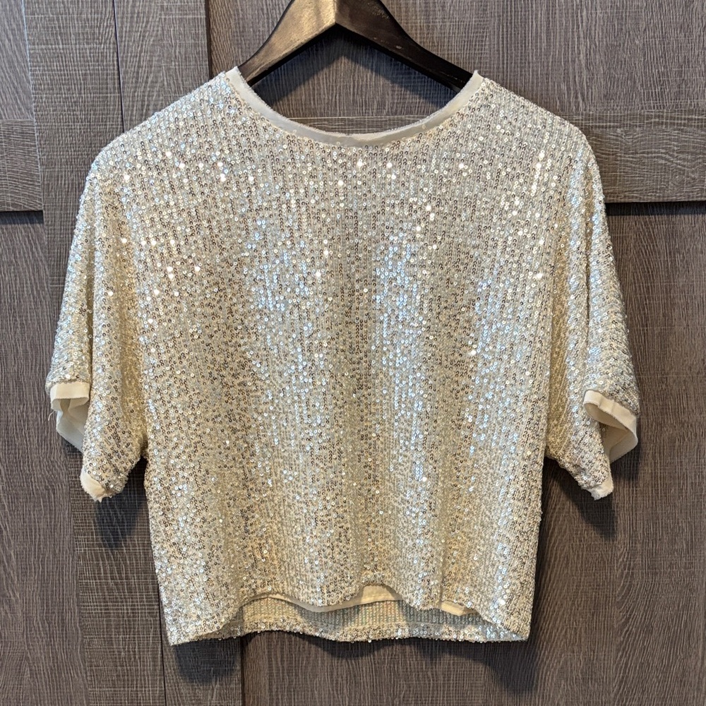 Lucy Paris Shimmering Silver Sequin Crop Top